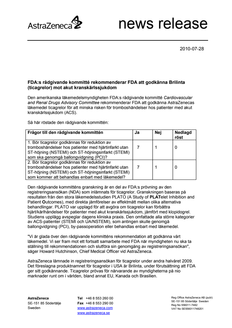 FDA:s rådgivande kommitté rekommenderar FDA att godkänna Brilinta (ticagrelor) mot akut kranskärlssjukdom