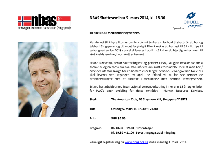 Gentle reminder: NBAS Skatteseminar 5. mars 2014, kl. 18.30	