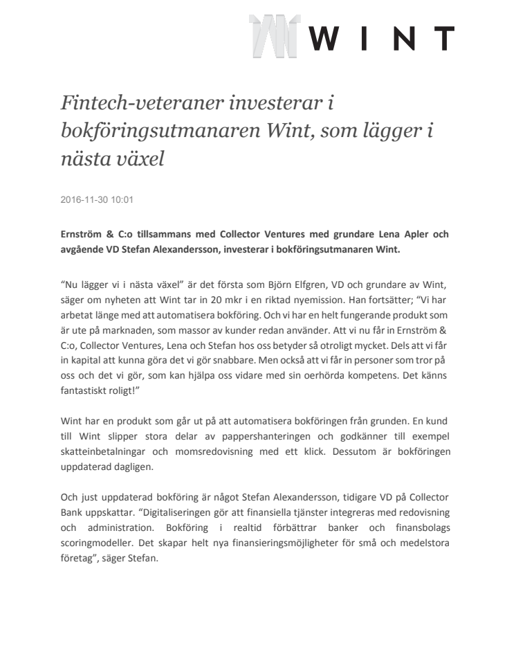 Fintech-veteraner investerar i bokföringsutmanaren Wint, som lägger i nästa växel