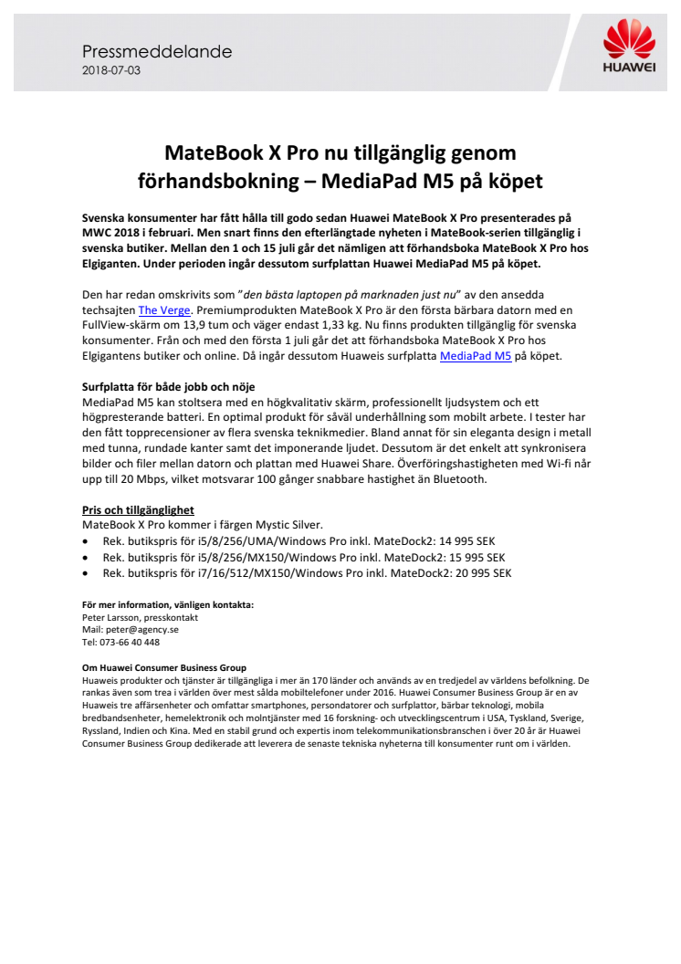 MateBook X Pro nu tillgänglig genom förhandsbokning – MediaPad M5 på köpet