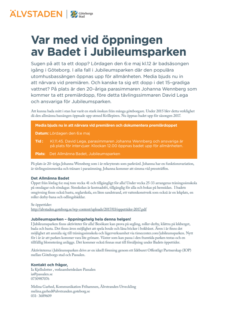 Pressinbjudan 6 maj; Var med vid öppningen av Badet i Jubileumsparken, Frihamnen.