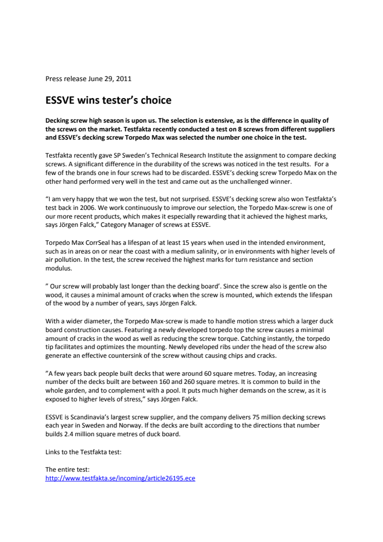ESSVE wins tester’s choice
