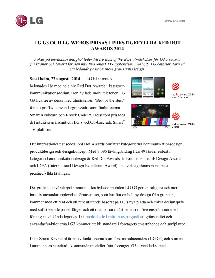 LG G3 OCH LG WEBOS PRISAS I PRESTIGEFYLLDA RED DOT AWARDS 2014