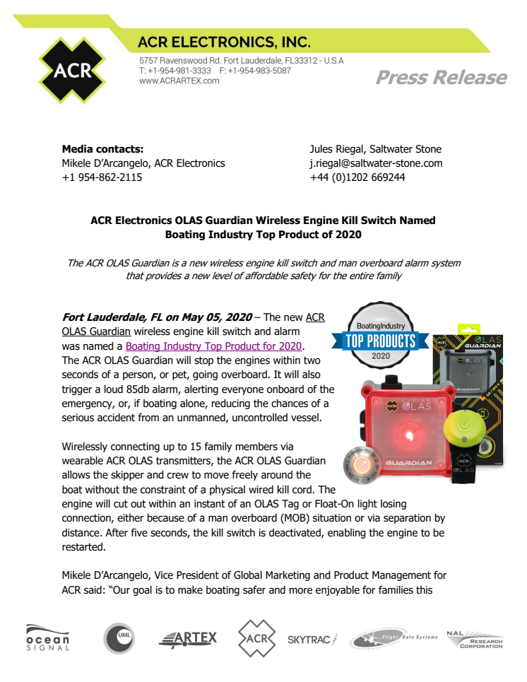 ACR Electronics OLAS Guardian Wireless Engine Kill Switch Named Boating Industry Top Product of 2020