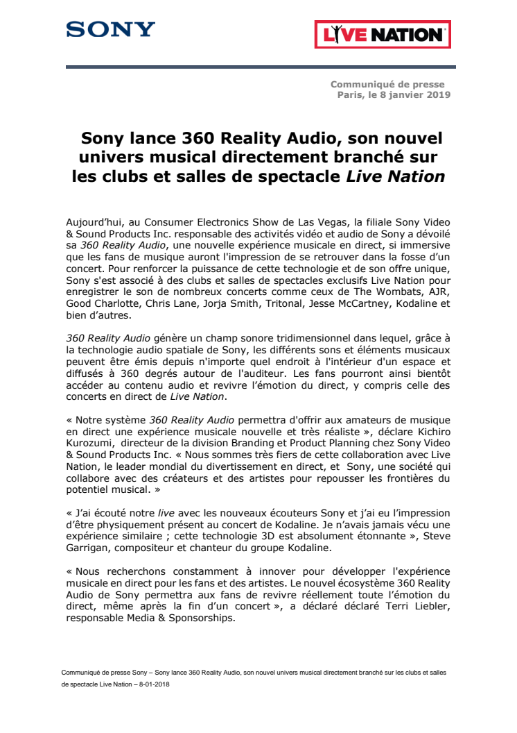 Sony lance 360 Reality Audio, son nouvel univers musical directement branché sur les clubs et salles de spectacle Live Nation