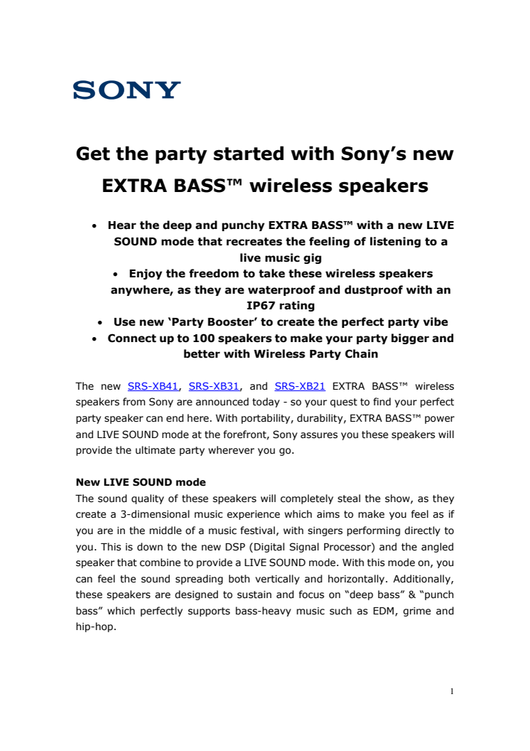 ​Festa loss med Sonys nya trådlösa EXTRA BASS™-högtalare