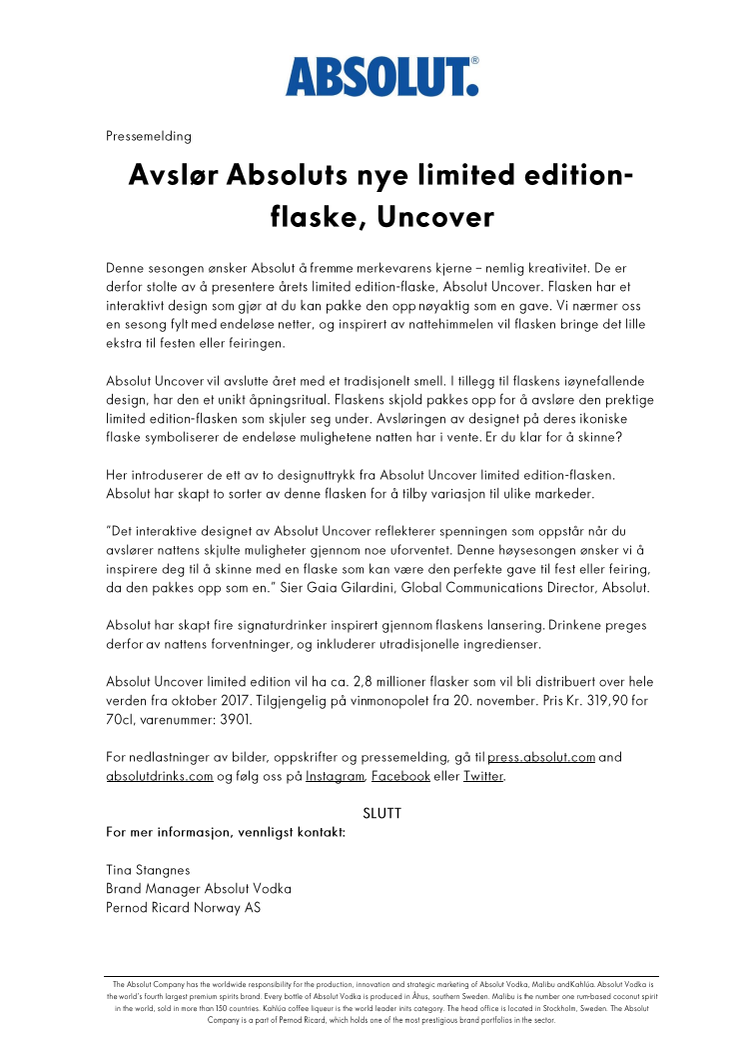 Avslør Absoluts nye limited edition-flaske, Uncover