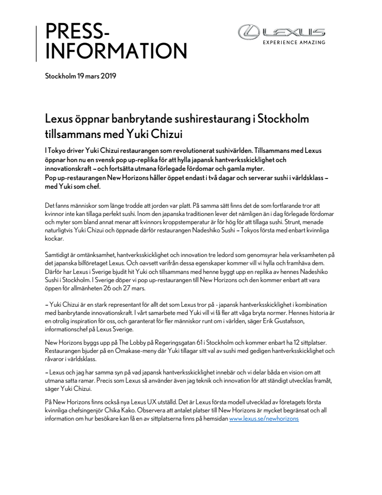 Lexus öppnar banbrytande sushirestaurang i Stockholm tillsammans med Yuki Chizui