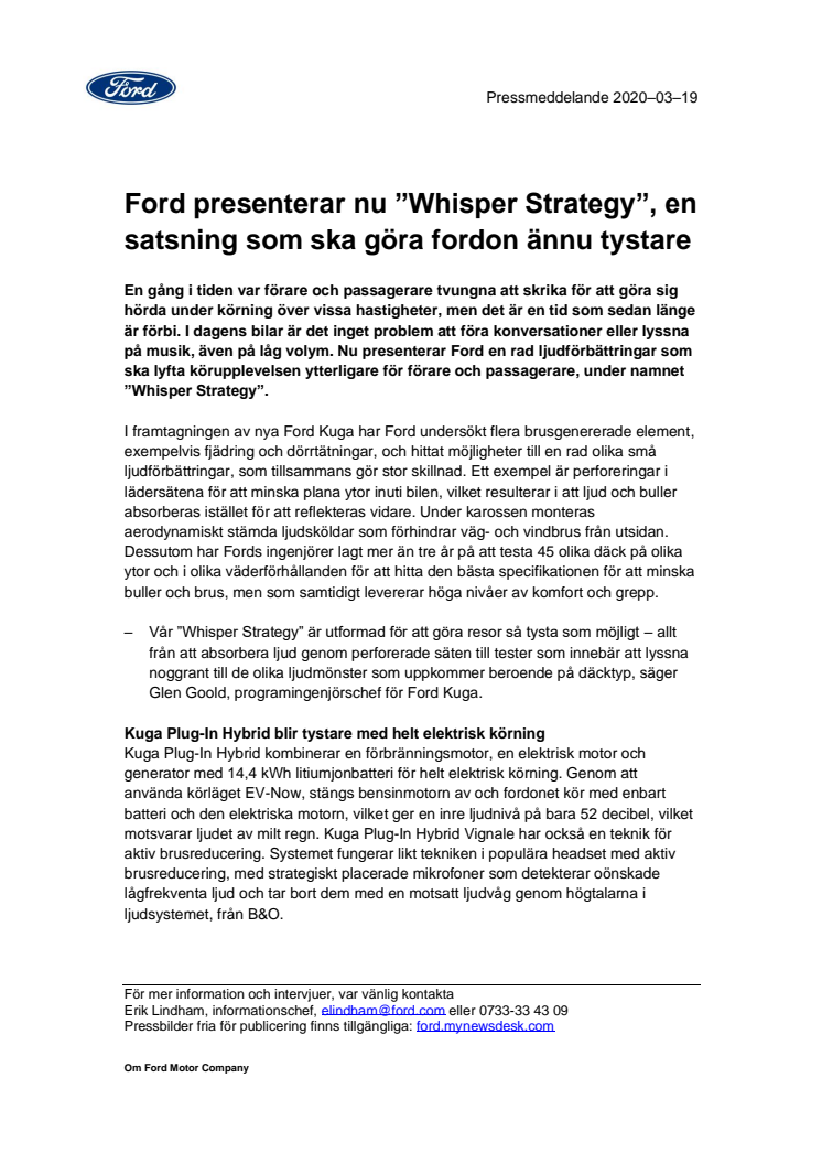Ford presenterar nu ”Whisper Strategy”, en satsning som ska göra fordon ännu tystare