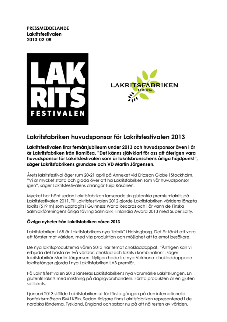 Lakritsfabriken huvudsponsor för Lakritsfestivalen 2013!