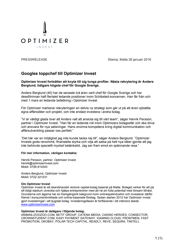 Googles toppchef till Optimizer Invest