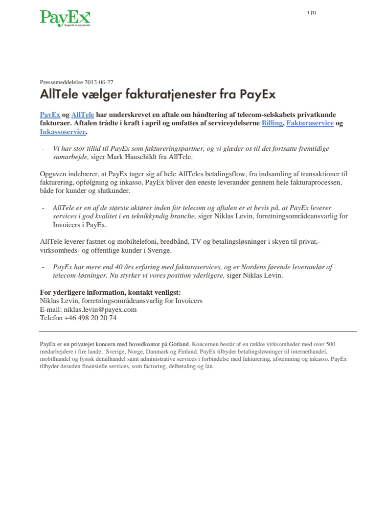 AllTele vælger fakturatjenester fra PayEx