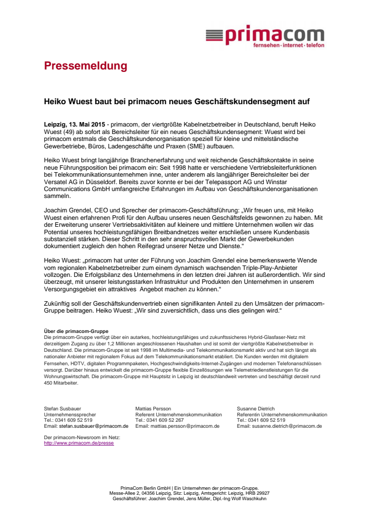 Heiko Wuest baut bei primacom neues Geschäftskundensegment auf