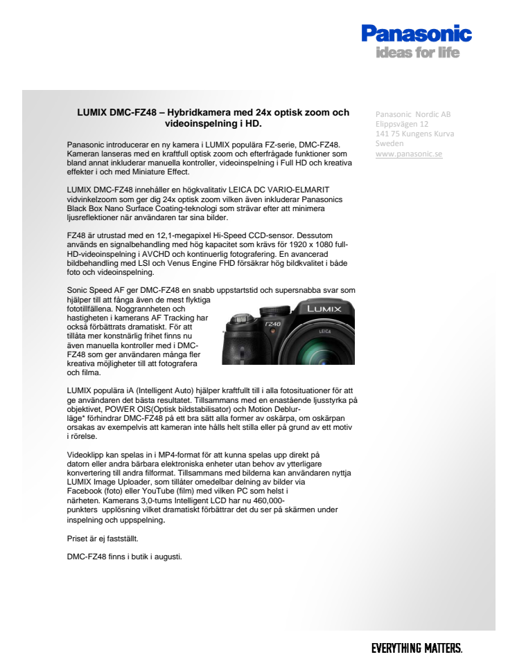 LUMIX DMC-FZ48 – Hybridkamera med 24x optisk zoom och videoinspelning i HD.