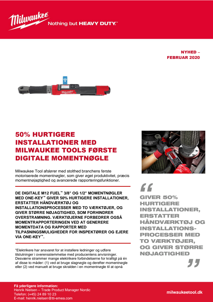 50% HURTIGERE INSTALLATIONER MED MILWAUKEE TOOLS FØRSTE DIGITALE MOMENTNØGLE