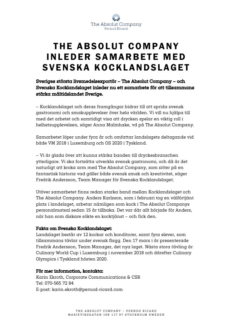 The Absolut Company inleder samarbete med Svenska Kocklandslaget