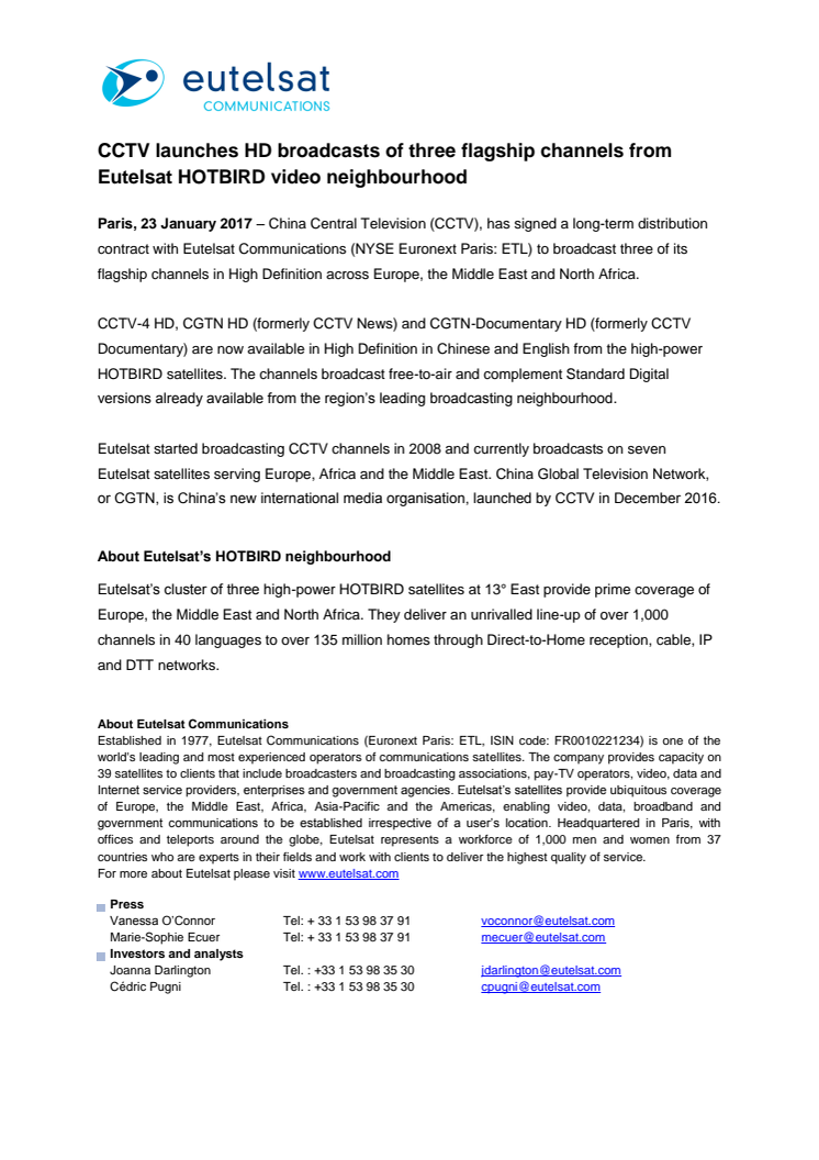 CCTV launches HD broadcasts of three flagship channels from Eutelsat HOTBIRD video neighbourhood