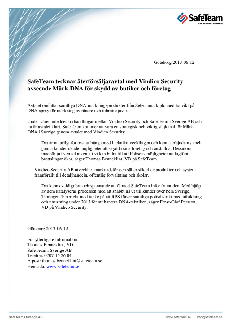 SafeTeam tecknar återförsäljaravtal med Vindico Security avseende Märk-DNA för skydd av butiker och företag