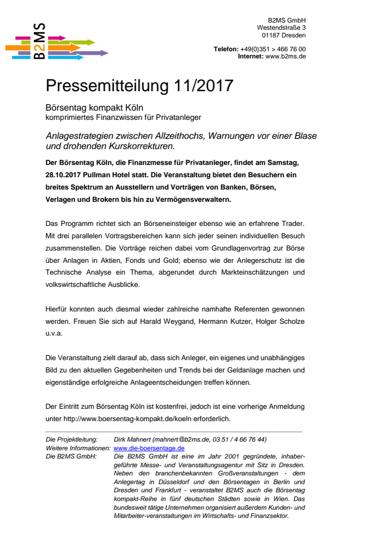 Börsentag kompakt Köln, 28.10.2017 - Anlagestrategien zwischen Allzeithochs, Warnungen vor einer Blase und drohenden Kurskorrekturen