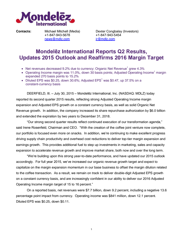 MONDELĒZ INTERNATIONAL REPORTS Q2 RESULTS