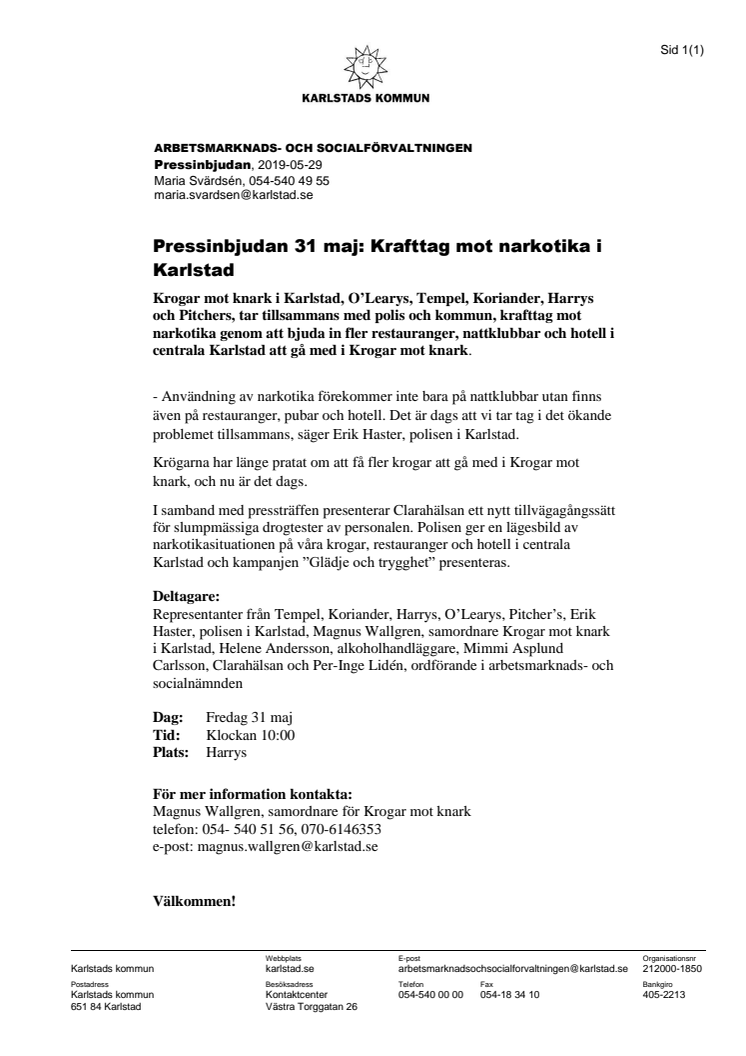 Pressinbjudan 31 maj: Krafttag mot narkotika i Karlstad