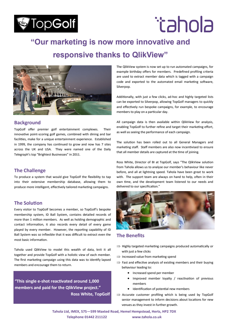 Top Golf "Our marketing is now more innovative and responsive thanks to Tahola and QlikView"