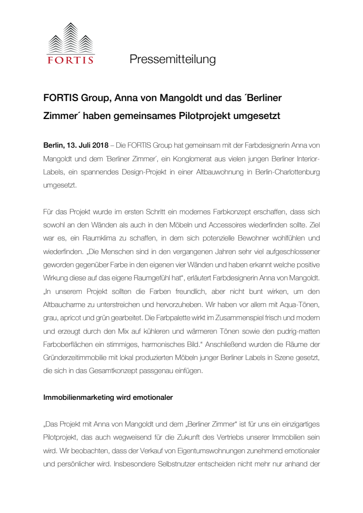 PM: FORTIS Group, Anna von Mangoldt und das ´Berliner Zimmer´ haben gemeinsames Pilotprojekt umgesetzt