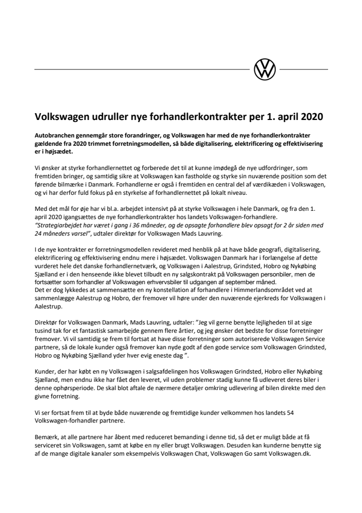 Volkswagen udruller nye forhandlerkontrakter per 1. april 2020 