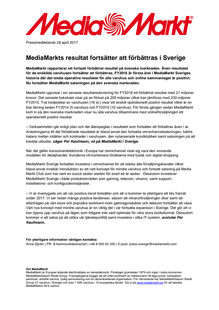MediaMarkts resultat fortsätter att förbättras i Sverige