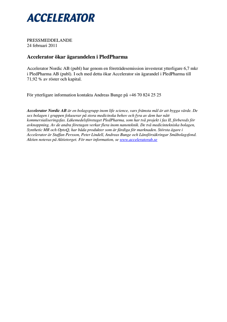 Accelerator ökar ägarandelen i PledPharma