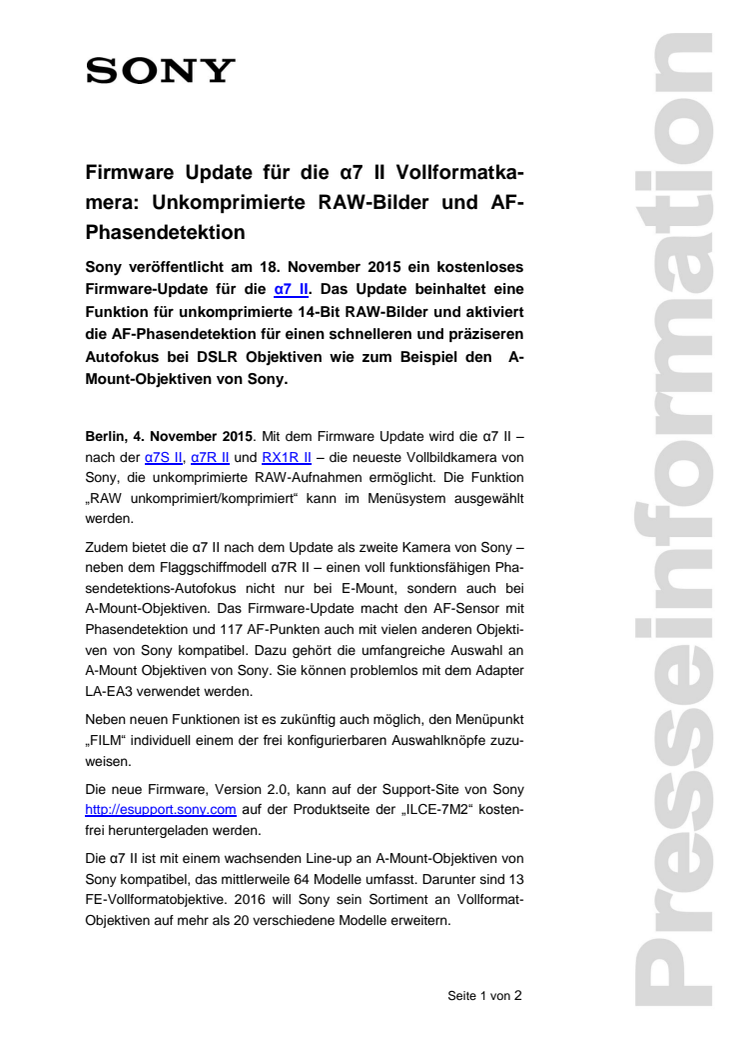 Firmware Update für die α7 II Vollformatkamera: Unkomprimierte RAW-Bilder und AF-Phasendetektion 