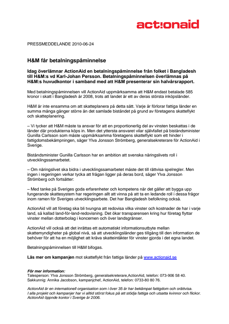 H&M får betalningspåminnelse