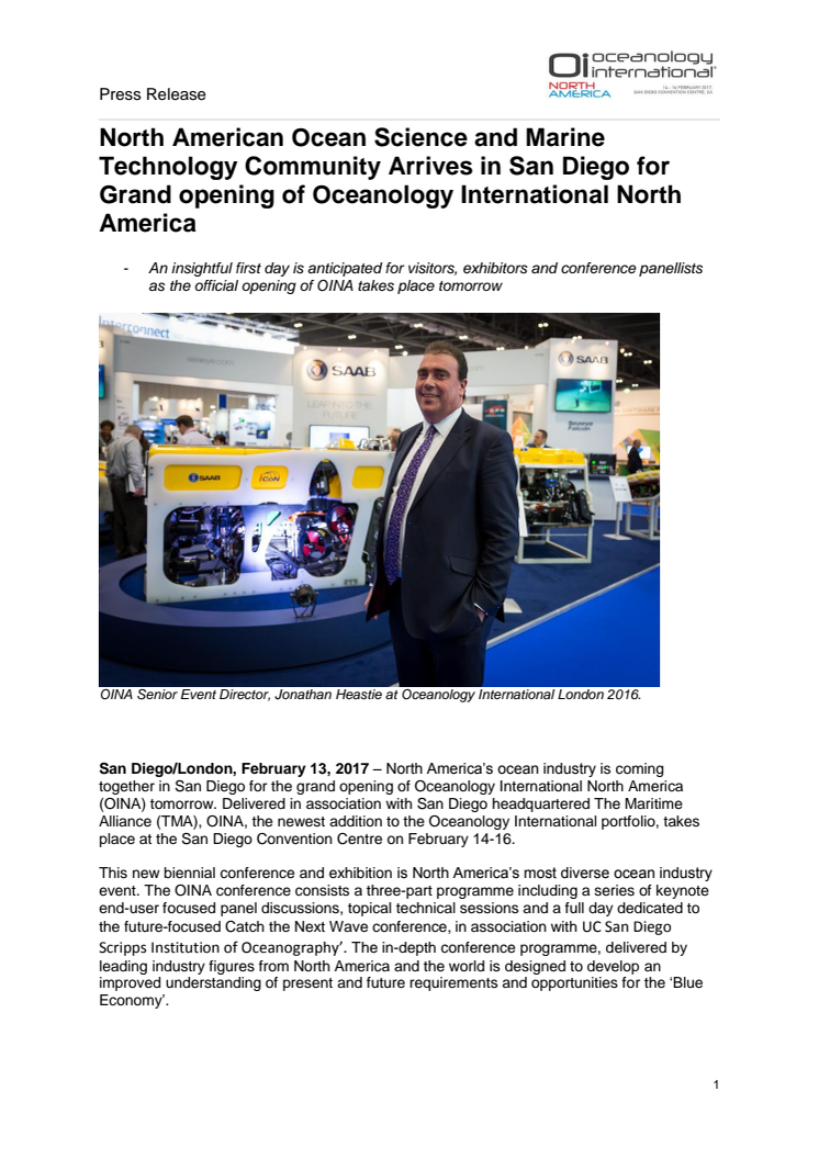 OINA 2017: North American Ocean Science and Marine Technology Community Arrives in San Diego for Grand opening of Oceanology International North America