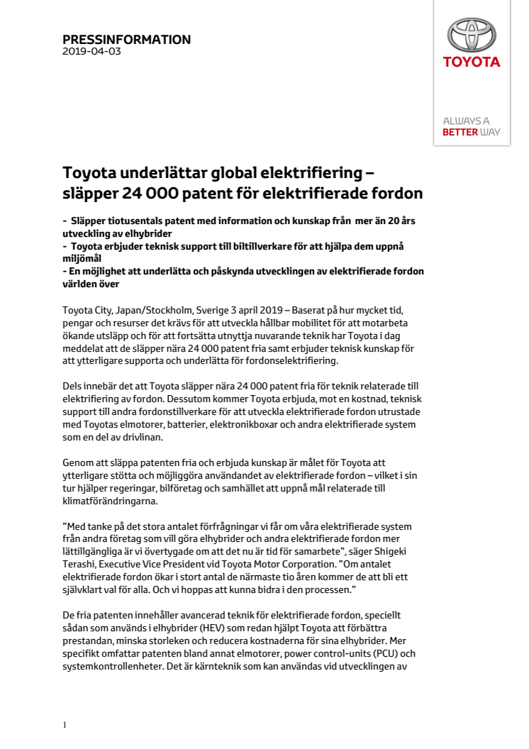 Toyota underlättar global elektrifiering – släpper 24 000 patent för elektrifierade fordon fria