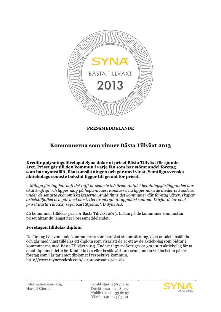 Kommunerna som vinner Bästa Tillväxt 2013