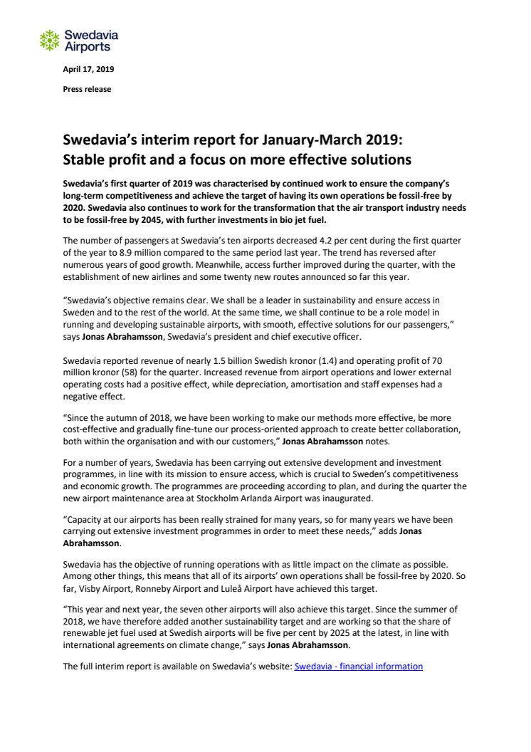 Swedavia’s interim report for January-March 2019: Stable profit and a focus on more effective solutions
