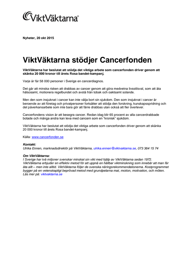  ViktVäktarna stödjer Cancerfonden