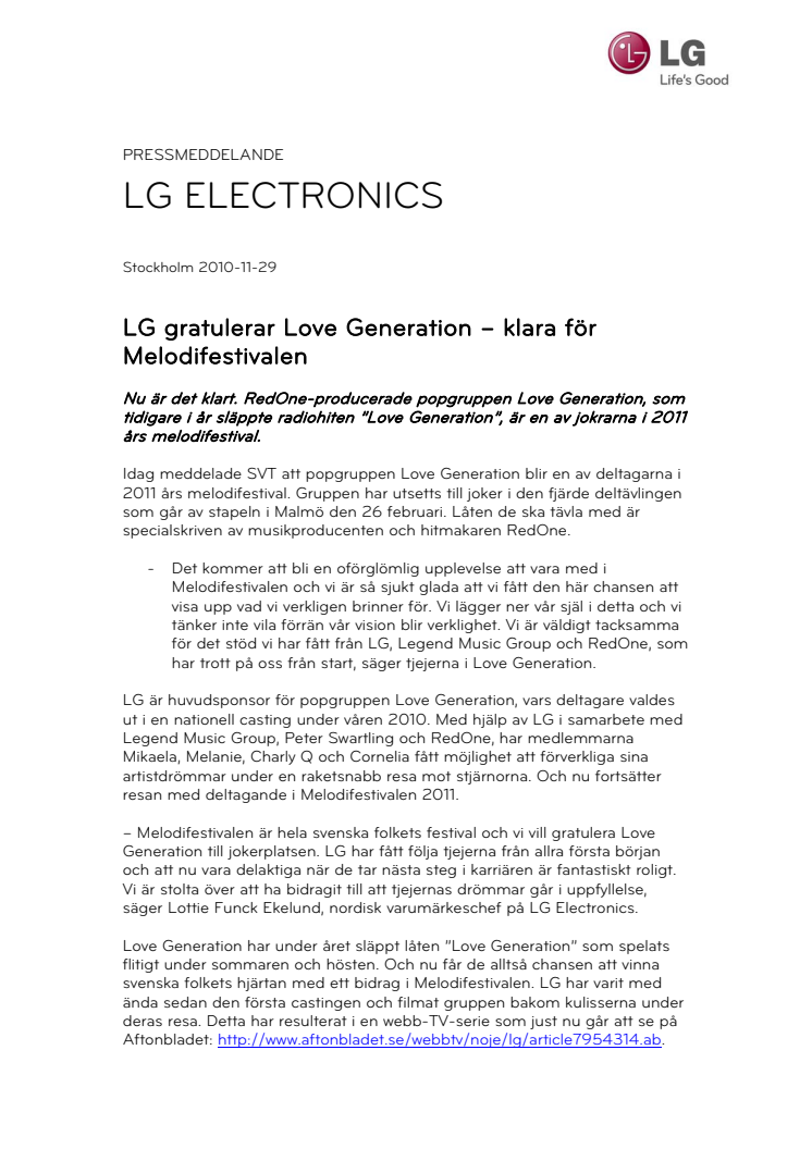 LG gratulerar Love Generation – klara för Melodifestivalen