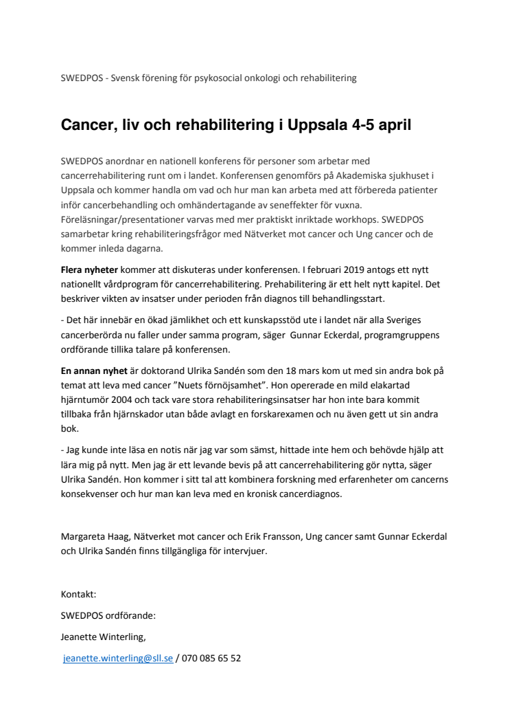 Cancer, liv och rehabilitering i Uppsala 4-5 april