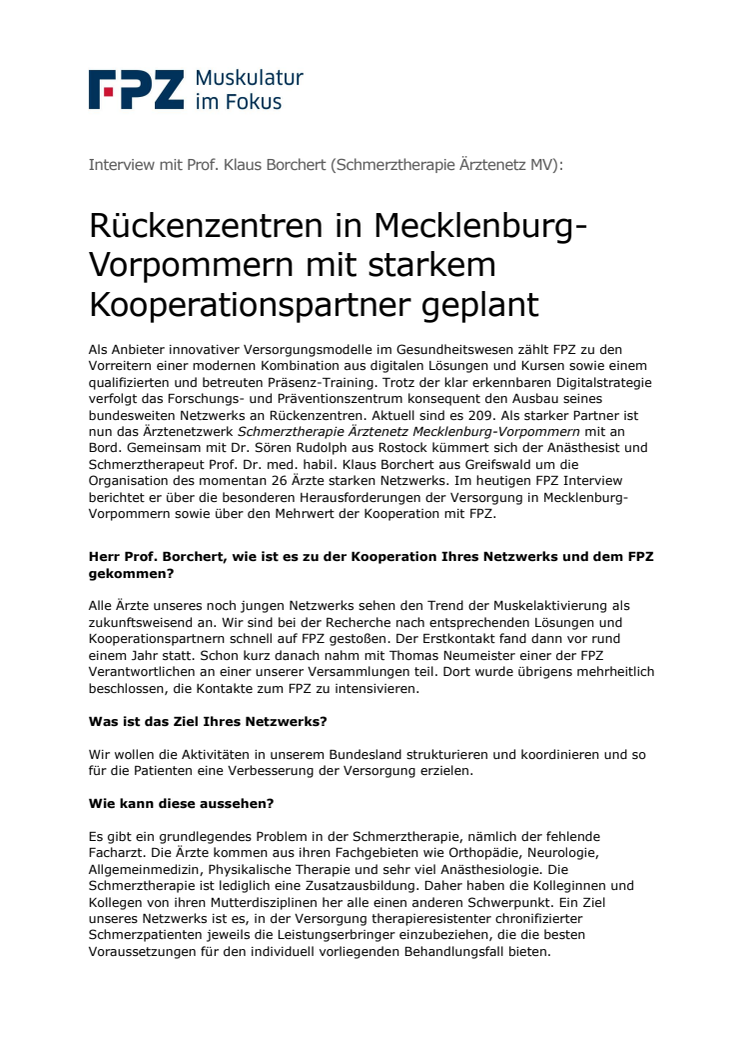 Interview mit Prof. Klaus Borchert (Schmerztherapie Ärztenetz MV): Rückenzentren in Mecklenburg-Vorpommern mit starkem Kooperationspartner geplant