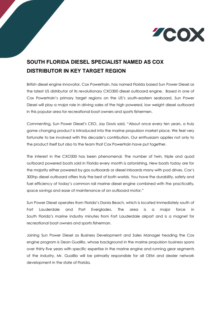 Cox Powertrain: South Florida Diesel Specialist Named as Cox Distributor in Key Target Region