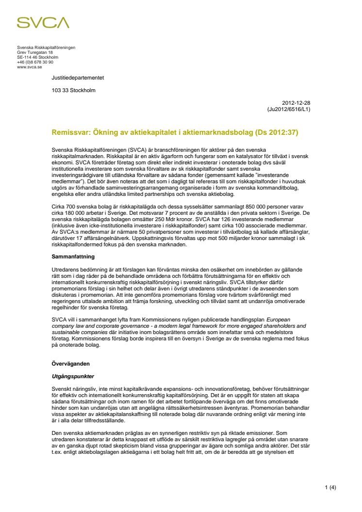 Remissyttrande Ju2012/6516/L1 Ökning av aktiekapitalet i aktiemarknadsbolag (Ds 2012:37)
