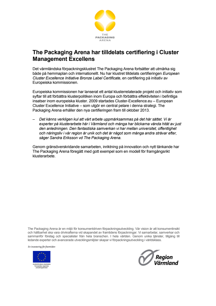 The Packaging Arena har tilldelats certifiering i Cluster Management Excellens