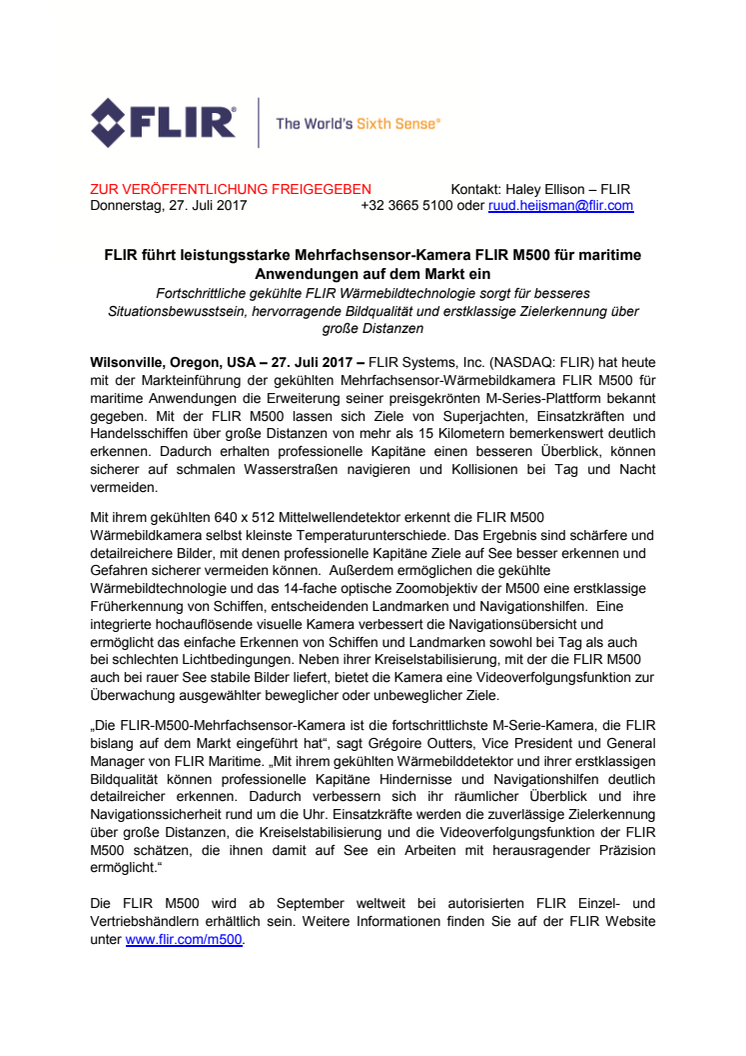 FLIR: FLIR führt leistungsstarke Mehrfachsensor-Kamera FLIR M500 für maritime Anwendungen auf dem Markt ein