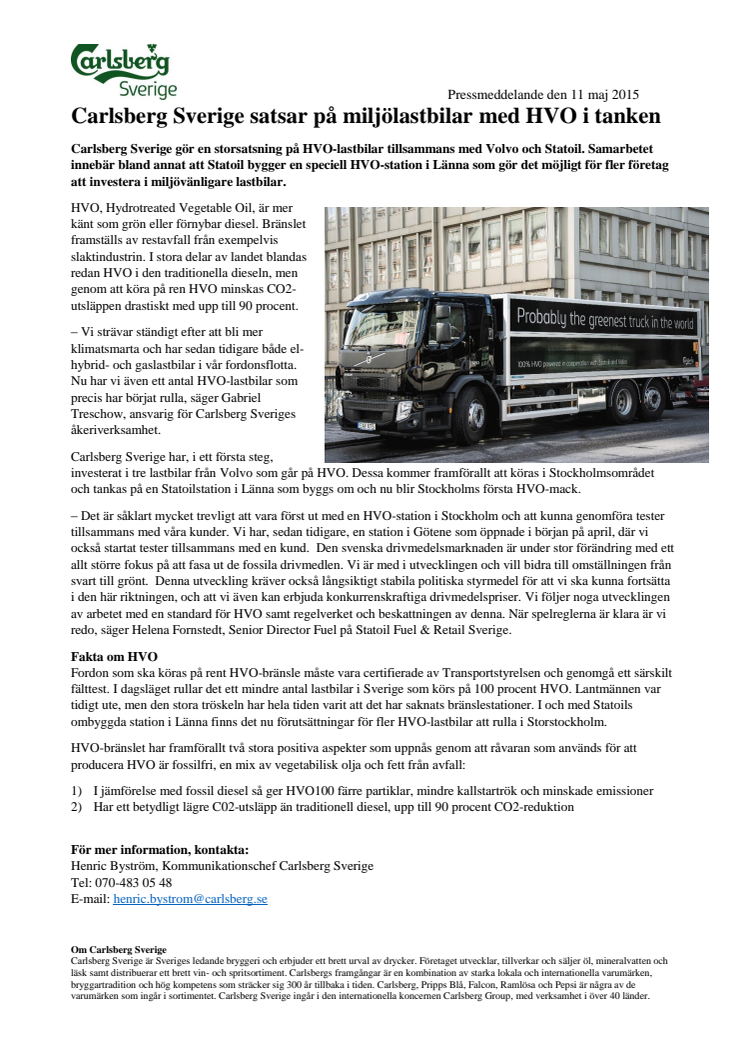 Carlsberg Sverige satsar på miljölastbilar med HVO i tanken