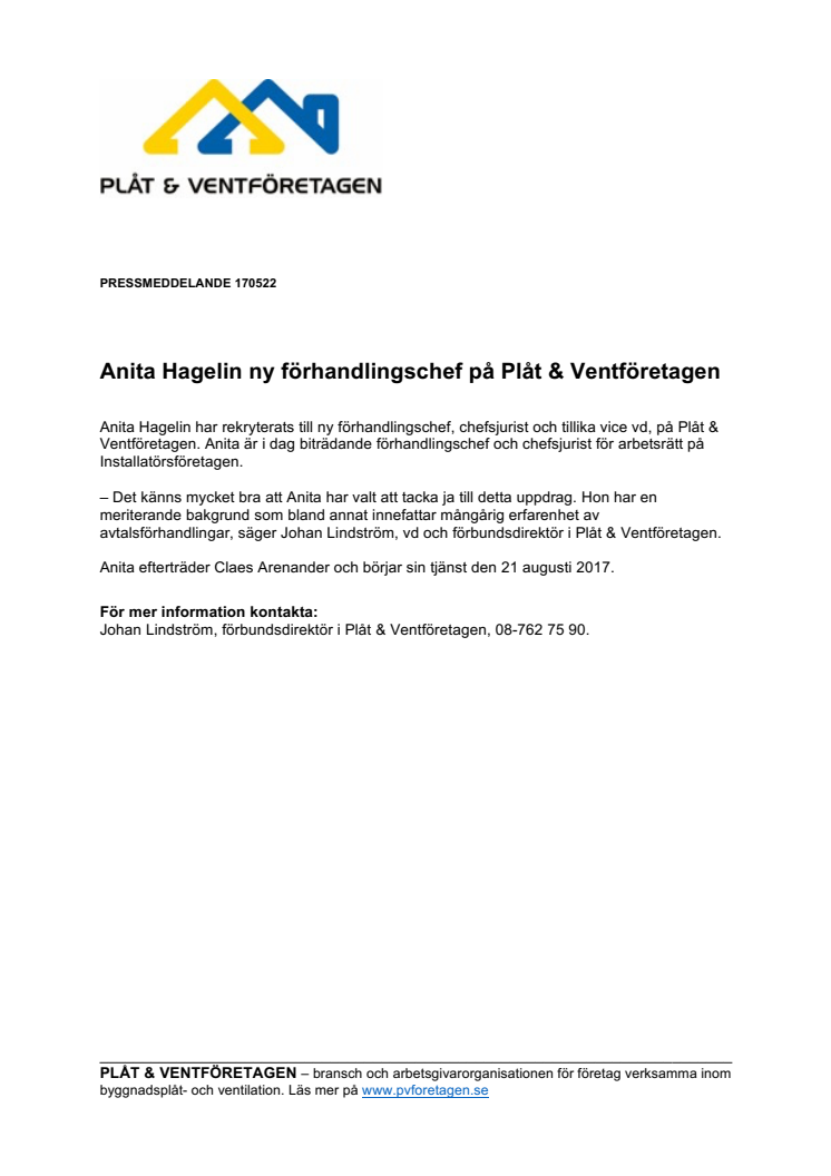 Anita Hagelin ny förhandlingschef på Plåt & Ventföretagen 