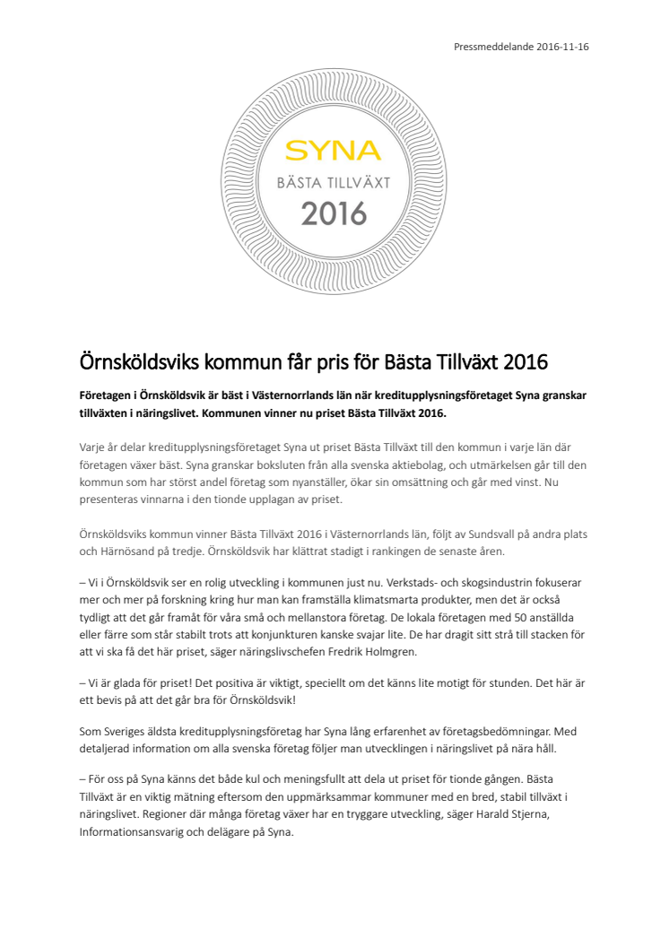Örnsköldsviks kommun får pris för Bästa Tillväxt 2016