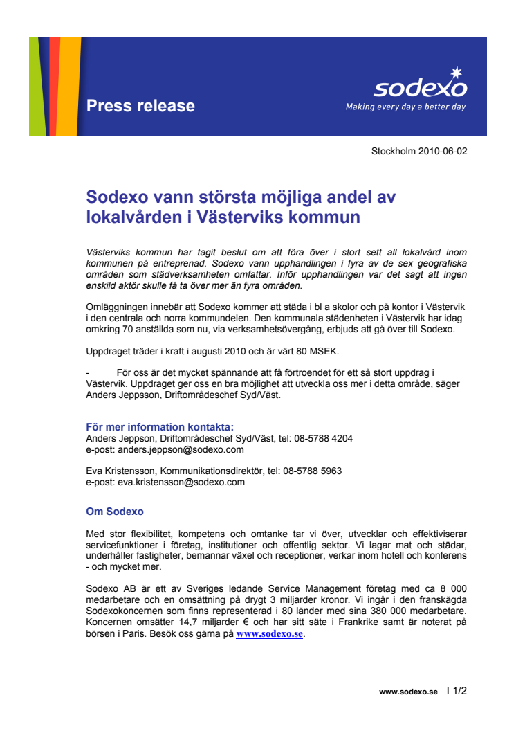 Sodexo vann största möjliga andel av lokalvården i Västerviks kommun