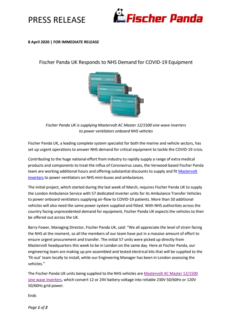 Fischer Panda UK Responds to NHS Demand for COVID-19 Equipment