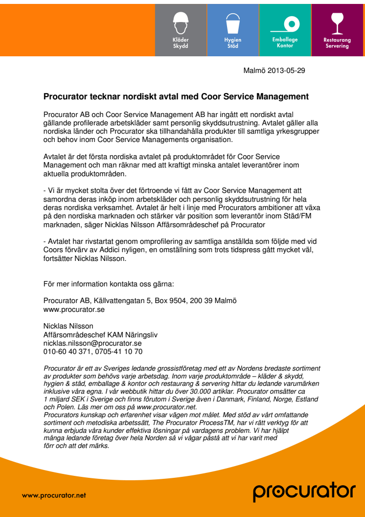 Procurator tecknar nordiskt avtal med Coor Service Management